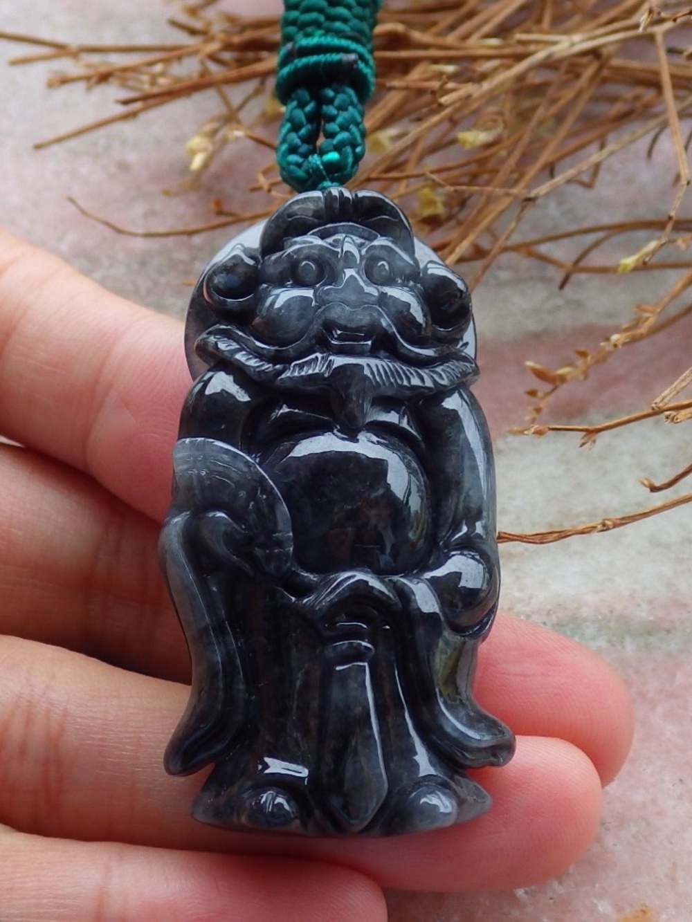 Certified Natural Burma Jade jadeite Zhong Kui God Bat Fan Lucky Amulet Pendant